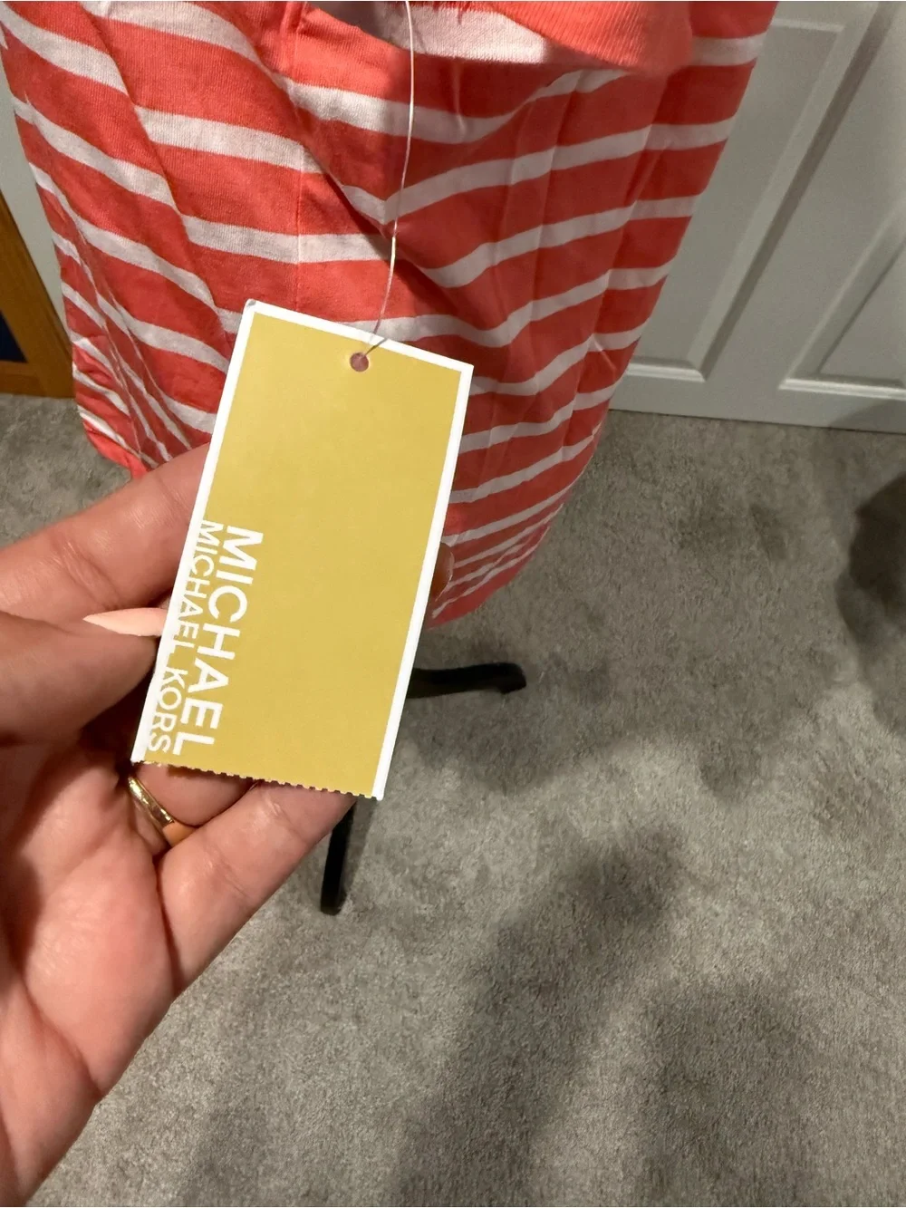 Girls' Striped Michael Kors Logo Tee - Coral and White